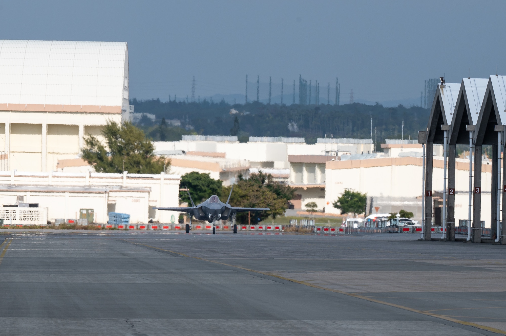 A U.S. Air Force F-35A Lightning II assigned to the 134th Expeditionary Fighter Squadron taxis after arriving at Kadena Air Base, Japan, Jan. 13, 2025.