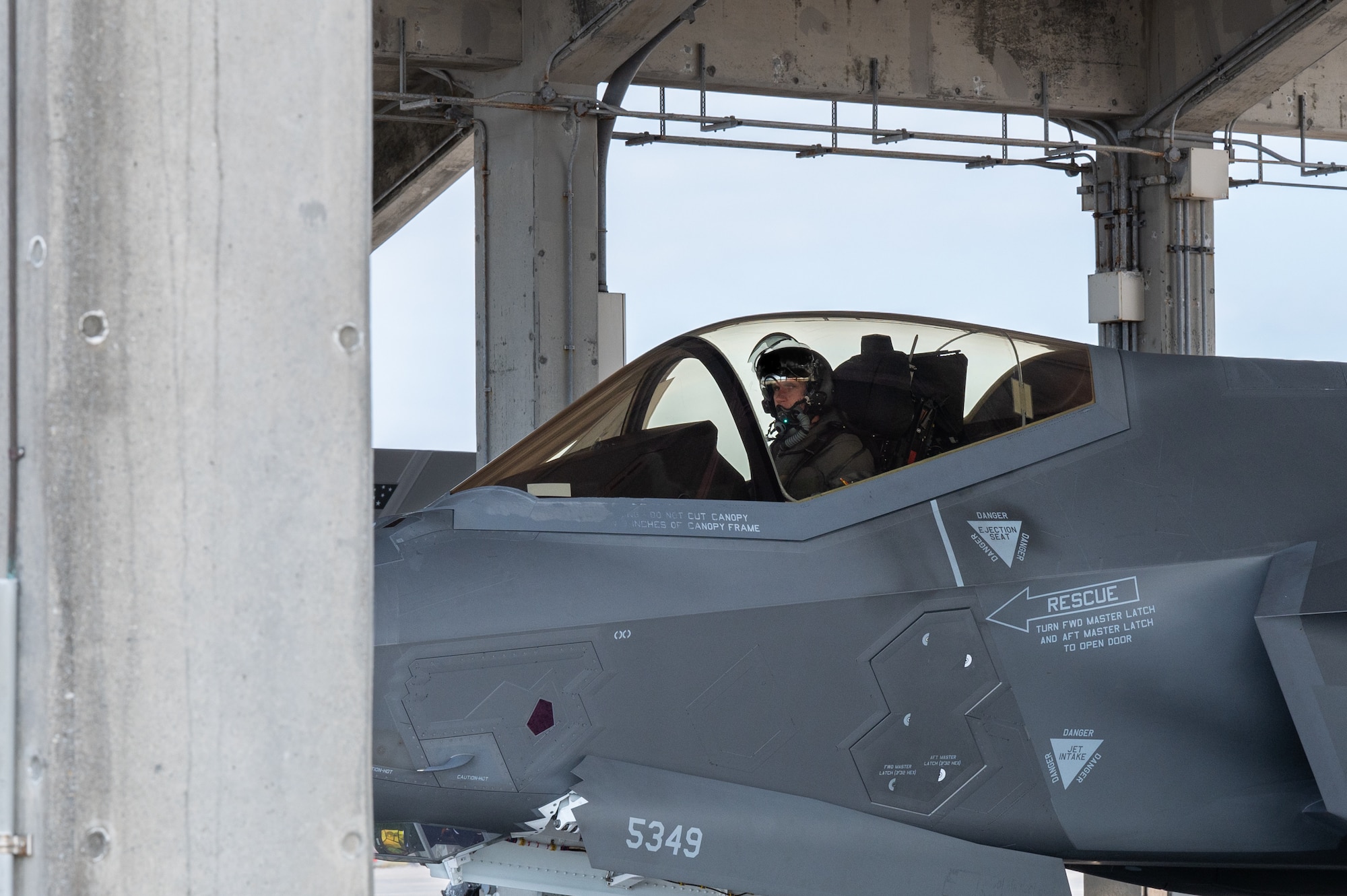 A U.S. Air Force F-35A Lightning II assigned to the 134th Expeditionary Fighter Squadron parks after arriving at Kadena Air Base, Japan, Jan. 13, 2025.