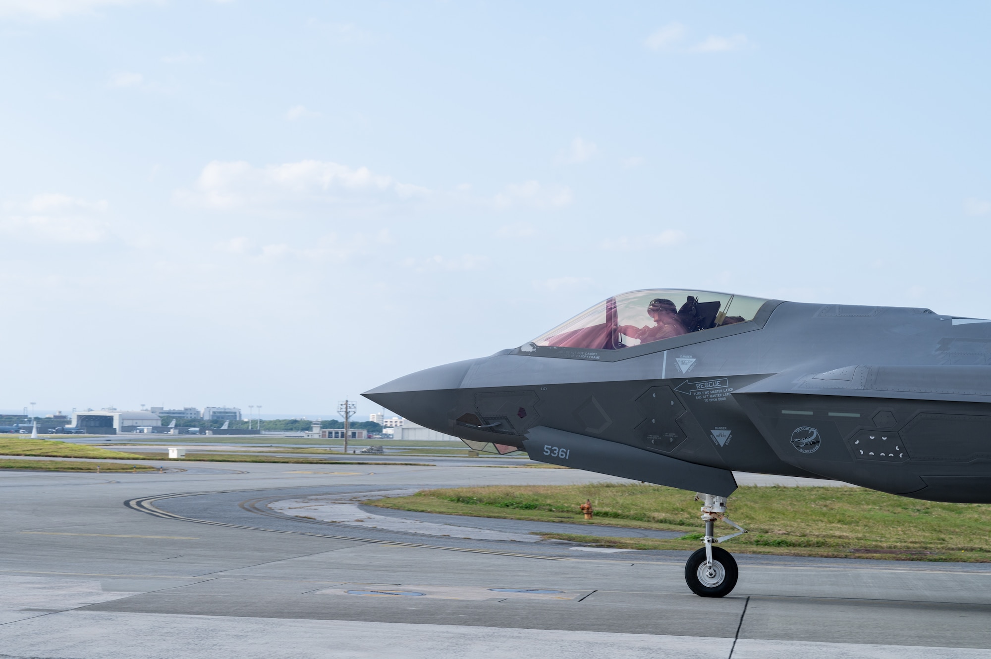 A U.S. Air Force F-35A Lightning II assigned to the 134th Expeditionary Fighter Squadron taxis after arriving at Kadena Air Base, Japan, Jan. 13, 2025