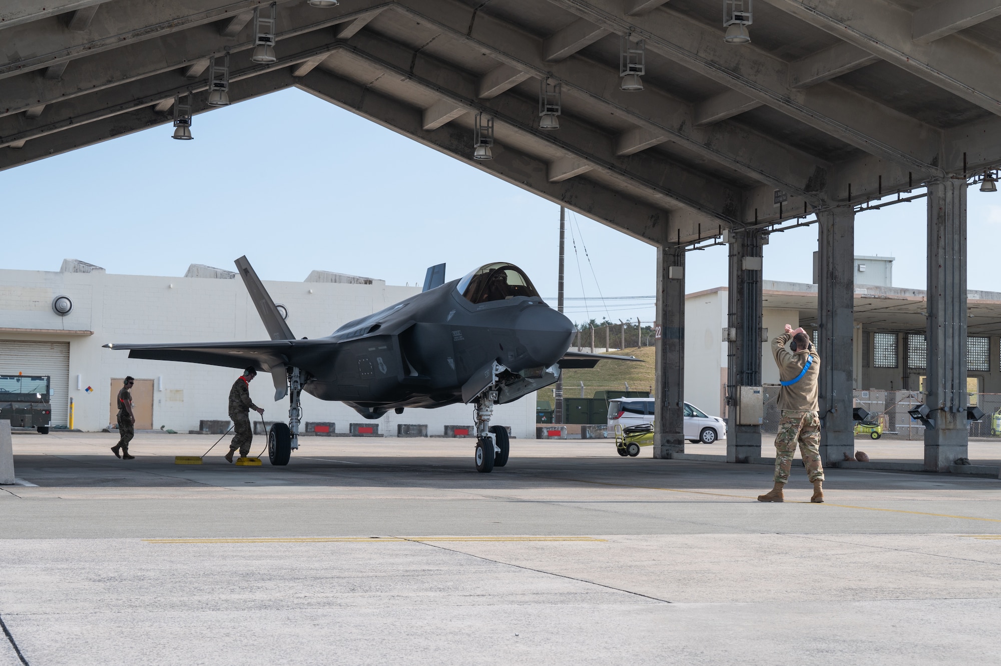 A U.S. Air Force F-35A Lightning II assigned to the 134th Expeditionary Fighter Squadron parks after arriving at Kadena Air Base, Japan, Jan. 13, 2025