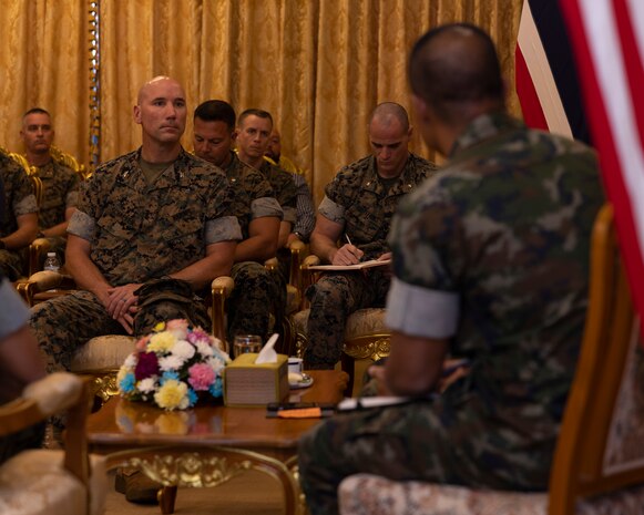 U.S. Marines with U.S. Marine Corps Forces, Pacific, listen Royal Thai Marine Corps Rear Adm. Nirat Tagoodruar, deputy commanding officer, deliver opening remarks during the USMC-RTMC Future Engagement Planning Conference in Sattahip, Thailand, Dec. 11, 2024. These discussions strengthen the enduring partnership between the two forces by fostering military-to-military collaboration, enhancing combined readiness, and supporting a shared commitment to maintaining a free and open Indo-Pacific. (U.S. Marine Corps photo by Cpl. Conor Ragland)