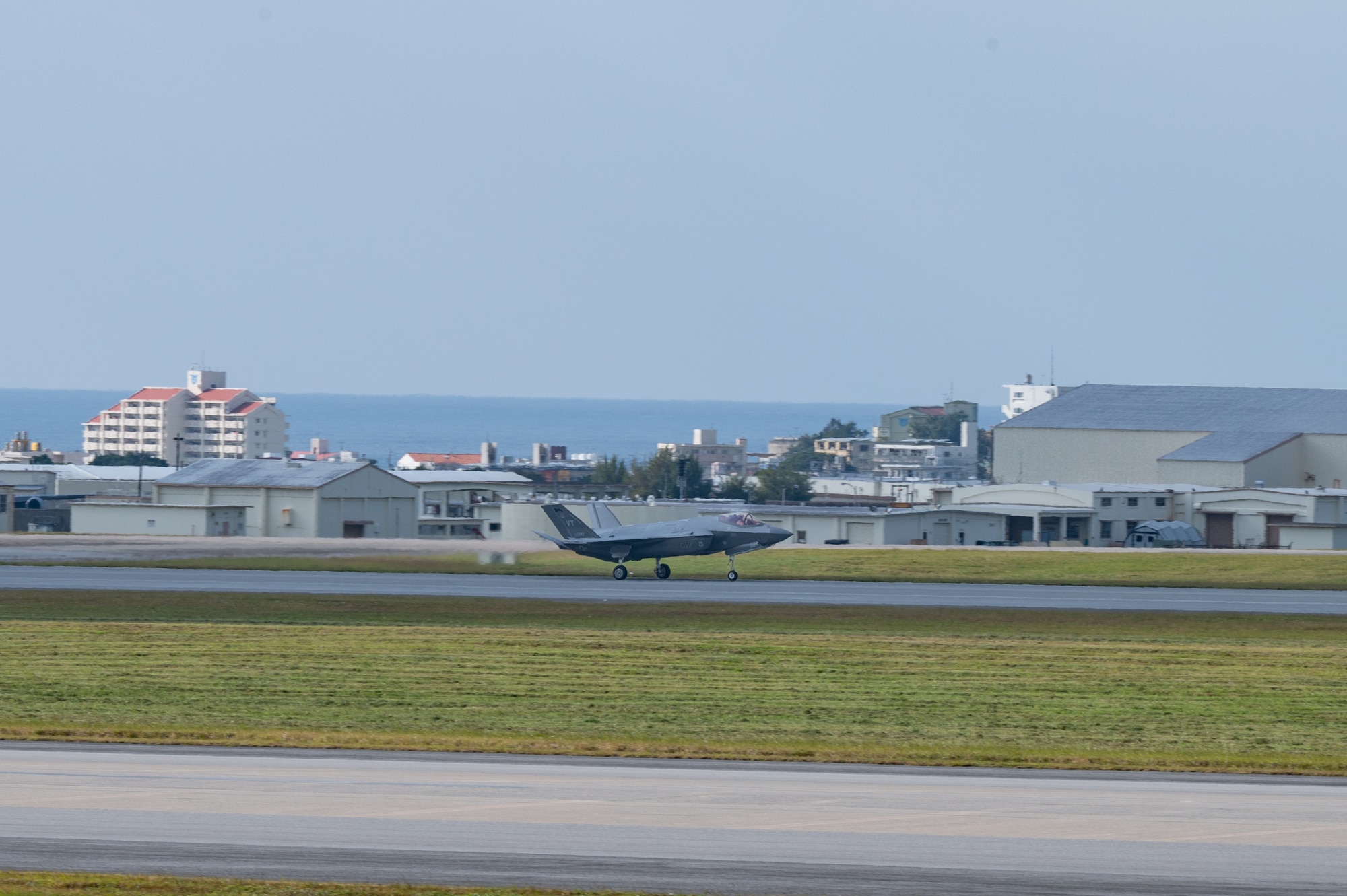 A U.S. Air Force F-35A Lightning II assigned to the 134th Expeditionary Fighter Squadron lands at Kadena Air Base, Japan, Jan. 13, 2025.