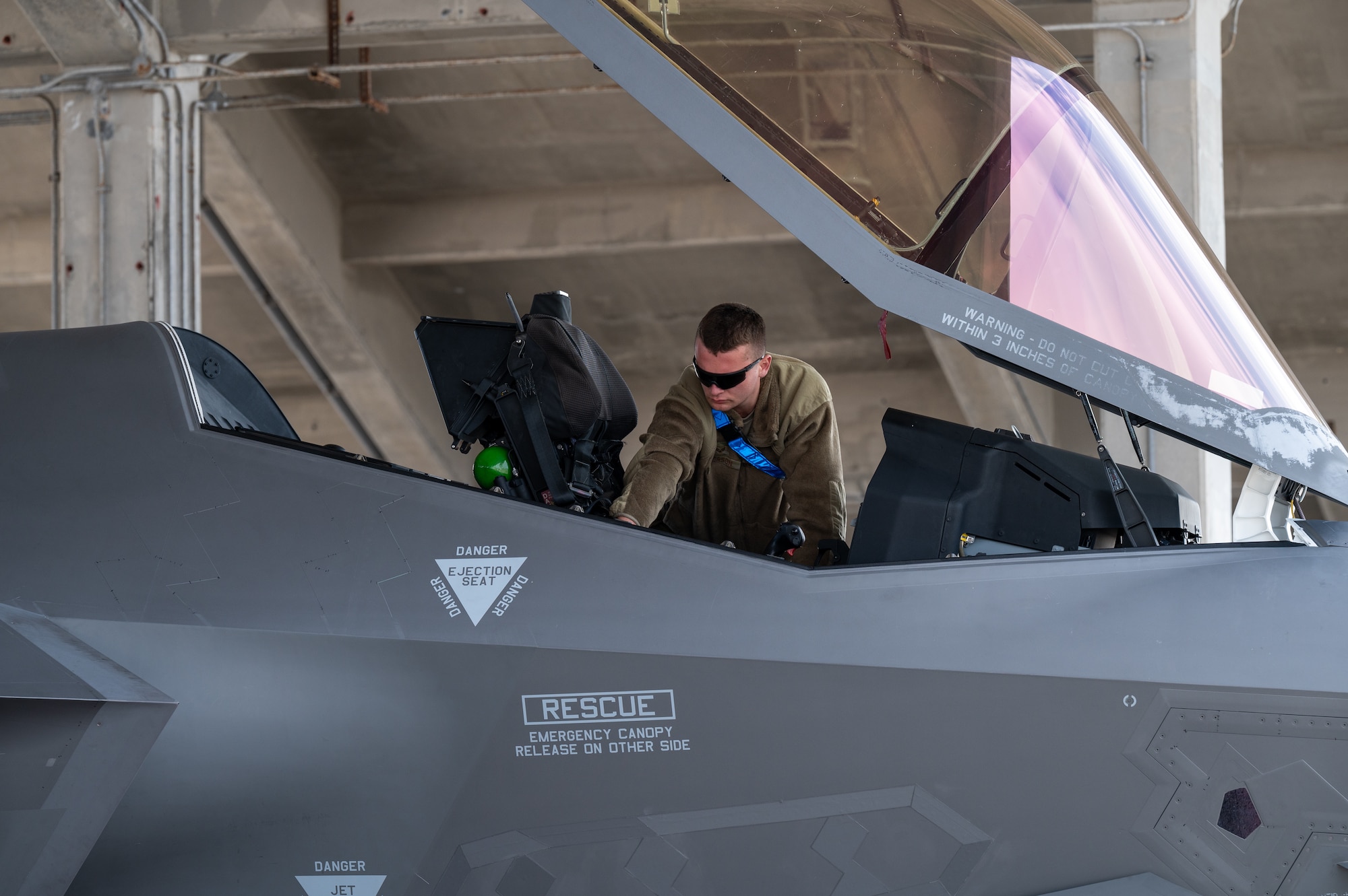 U.S. Air Force Senior Airman Mason Paterson, 134th Fighter Generation Squadron, crew chief, conducts post-flight procedures on an F-35A Lightning II after arriving at Kadena Air Base, Japan, Jan. 13, 2025.
