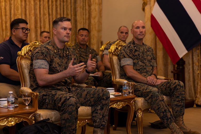 U.S. Marine Corps Maj. Kyle J. Rempe, Southeast Asia desk officer, G-5 Plans Division, U.S. Marine Corps Forces, Pacific, discusses the benefits of bilateral engagement during the USMC-RTMC Future Engagement Planning Conference in Sattahip, Thailand, Dec. 11, 2024. These discussions strengthen the enduring partnership between the two forces by fostering military-to-military collaboration, enhancing combined readiness, and supporting a shared commitment to maintaining a free and open Indo-Pacific. (U.S. Marine Corps photo by Cpl. Conor Ragland)
