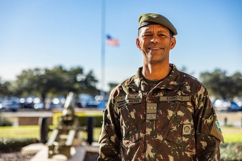 Brazilian army Col. Sergio Reis Matos, the Brazilian partner nation liaison officer at U.S. Army South (USARSOUTH), stands in front of the USARSOUTH headquarters at Fort Sam Houston, Texas, on Jan. 7, 2025. Since July 2023, Matos has worked to strengthen the historic partnership between Brazil and the United States, focusing on enhancing military collaboration and interoperability. (U.S. Army photo by Sgt. Joshua Taeckens)