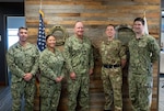 LSR Training Leaders from left to right: Cmdr. Hisham Semaan, NAVSUP FLCSD Fleet Operations Director, LS1 Kristel Santos, NAVSUP FLCSD LSR, Capt. Ryan Baum, NAVSUP FLCSD Naval Reserve Commanding Officer, Lt. Cmdr. (RN) Nick Robinson, NAVSUP FLCSD Logistics Support Center director, Lt. Drew Pendock, NAVSUP FLCSD Reserve Program Director.
