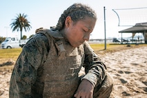 U.S. Marine Corps Drill Instructor, Sgt. Ayanna Park with Mike Company, 3rd Recruit Training Battalion Marine Corps Recruit Depot San Diego, participates in a culminating event during a Marine Corps Martial Arts Instructor Course at MCRD San Diego, California, Dec. 18, 2024. After three weeks of training, MAI Course Class 19-24 conducted a five-hour culminating event that challenged students to show expertise in ground fighting, weapons-free sparring, and bayonet and knife techniques. (U.S. Marine Corps photo by Cpl. Sarah M. Grawcock)