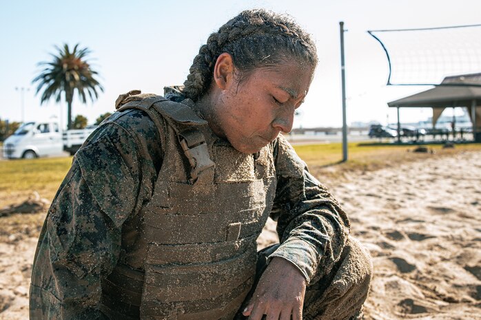 U.S. Marine Corps Drill Instructor, Sgt. Ayanna Park with Mike Company, 3rd Recruit Training Battalion Marine Corps Recruit Depot San Diego, participates in a culminating event during a Marine Corps Martial Arts Instructor Course at MCRD San Diego, California, Dec. 18, 2024. After three weeks of training, MAI Course Class 19-24 conducted a five-hour culminating event that challenged students to show expertise in ground fighting, weapons-free sparring, and bayonet and knife techniques. (U.S. Marine Corps photo by Cpl. Sarah M. Grawcock)
