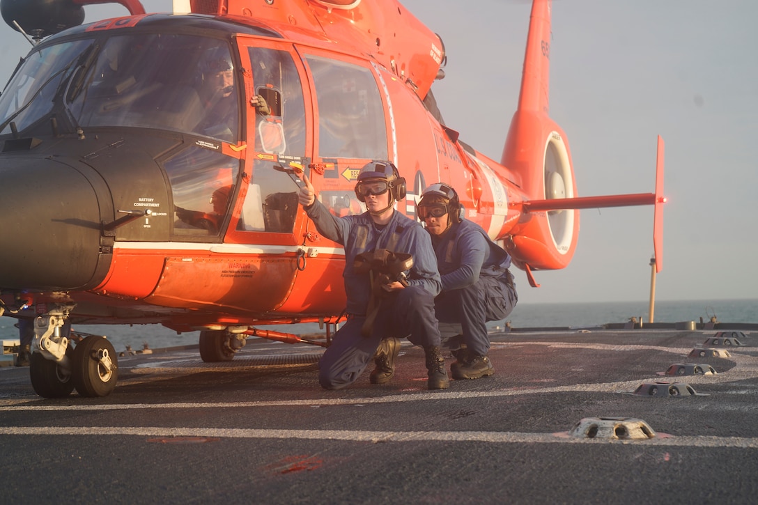 Coast Guard Cutter Venturous (WMEC 625) crew members conduct tiedown operations aboard the flight deck of Venturous, Nov. 20, 2024, while underway in the Pacific Ocean. Venturous’ crew conducted a 40-day drug interdiction patrol within the Coast Guard Eleventh District area of responsibility in support of Joint Interagency Task Force – South. (U.S. Coast Guard photo)