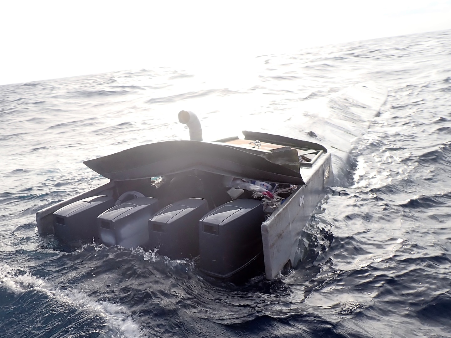 A Coast Guard Cutter Venturous boarding team interdicts a low-profile vessel off the coast of Malpelo Island, Colombia, Nov. 22, 2024. The contraband was offloaded by the Venturous crew at Coast Guard Sector St. Petersburg. (U.S. Coast Guard photo)