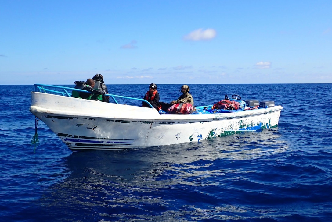 Coast Guard law enforcement crews from Coast Guard Cutter Venturous interdict a vessel suspected of illegal drug smuggling 84 miles south of Jicarita Island, Panama, Nov. 17, 2024. The illegal narcotics and detainees were offloaded to Port Everglades by the crew of Coast Guard Cutter Hamilton Dec. 2, 2024. (U.S. Coast Guard photo)