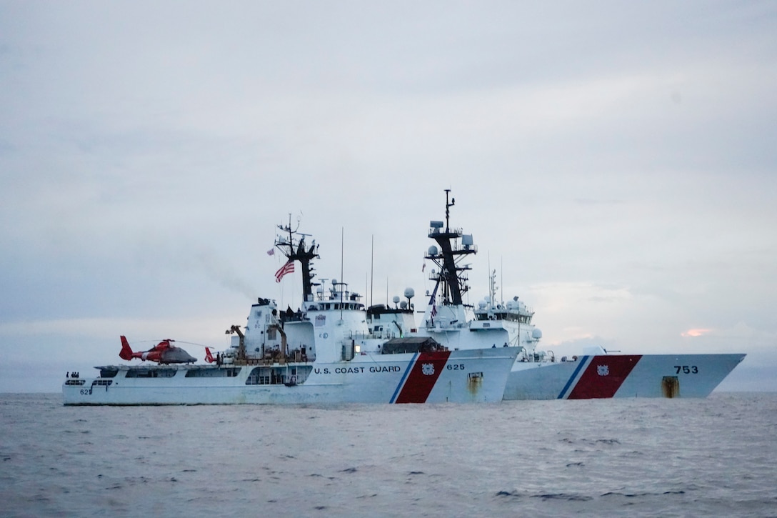 Coast Guard Cutters Venturous (WMEC 625) and Hamilton (WMSL 753) rendezvous at sea, Nov. 21, 2024, in the Eastern Pacific Ocean. Venturous’ crew conducted a 40-day counter drug patrol within the Coast Guard Eleventh District area of responsibility in support of Joint Interagency Task Force – South. (U.S. Coast Guard photo)