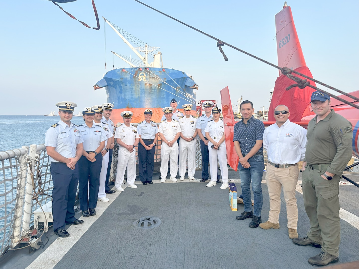 Coast Guard crew members pose for a photo with Ecuadorian Navy personnel aboard Coast Guard Cutter Venturous (WMEC 625), Nov. 26, 2024, during a port-of-call in Manta, Ecuador. Venturous’ crew conducted a 40-day drug interdiction patrol within the Coast Guard Eleventh District area of responsibility in support of Joint Interagency Task Force – South. (U.S. Coast Guard photo)