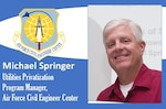 AFIMSC Mission Monday graphic with AFCEC shield and Michael Springer's bio photo