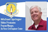 AFIMSC Mission Monday graphic with AFCEC shield and Michael Springer's bio photo
