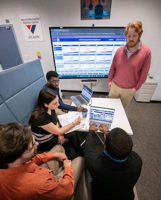 A team of data scientists from NIWC Atlantic discuss a custom metric dashboard for the Chief of Naval Operations.