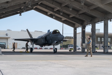 A U.S. Air Force F-35A Lightning II assigned to the 134th Expeditionary Fighter Squadron parks after arriving at Kadena Air Base, Japan, Jan. 13, 2025