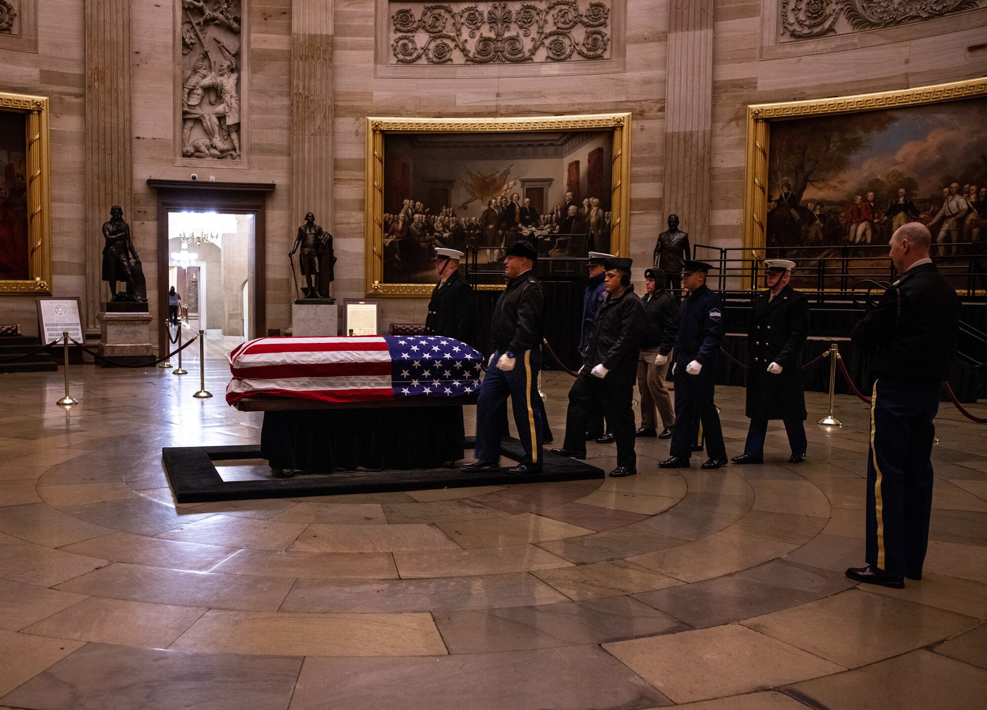 U.S. service members with the Joint Task Force - National Capital Region Ceremonial Honor Guard rehearse for the State Funeral of former President Jimmy Carter at the U.S. Capitol Rotunda, Washington, D.C., Jan. 4, 2025. Carter, the 39th president of the United States and 2002 Nobel Peace Prize recipient for his humanitarian efforts, passed away on Dec. 29, 2024, at this home in Plains, Georgia, at the age of 100. (DoD photo by U.S. Marine Corps Lance Cpl. Harleigh Faulk)