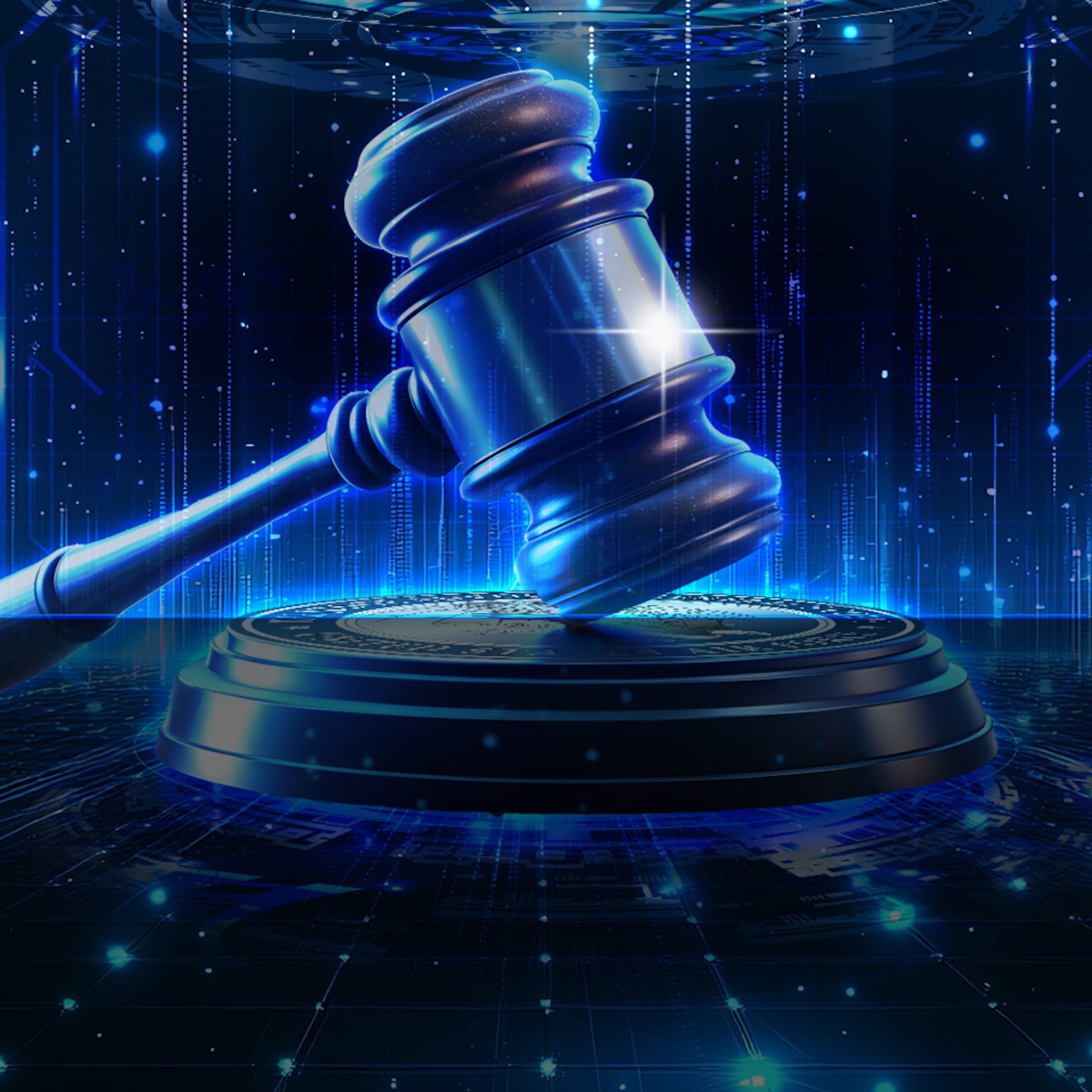 Gavel over futuristic technical lights background.