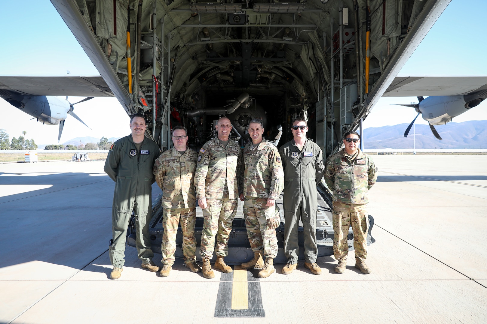 Air Force Gen. Steve Nordhaus, chief, National Guard Bureau, and Army Senior Enlisted Advisor John Raines, SEA to the CNGB, visit National Guard members supporting wildland firefighting in Southern California, Channel Islands Air National Guard Station, Calif., Jan. 11, 2025.