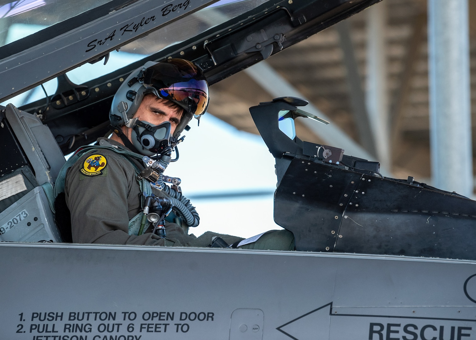 Lt. Col. Zachary Williams, 125th Fighter Squadron, prepares to depart from the flight line during a base wide exercise at Tulsa Air National Guard Base, Okla., Jan. 12, 2025. During the exercise, the Airmen were evaluated on their ability to maintain mission operations while operating in a simulated deployed environment, performed duties such as post-attack reconnaissance (PAR) team routes, simulated attacks, and tactical combat casualty care procedures. (Oklahoma Air National Guard photo by Senior Airman Addison Barnes)