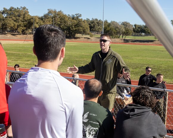 U.S. Marine Corps Maj. Erik V. Glynn , the commanding officer of Recruiting Station Austin, speaks to poolees during the Initial Strength Test at Williamson County Regional Park in Leander, Texas, Jan. 11, 2025. The IST is a baseline-fitness test for the new recruits to ensure they meet the physical requirements to begin the 13-week transformation to earn the title United States Marine. (U.S. Marine Corps photo by Cpl. Jose D. Cruz)