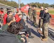 U.S. Marine Corps Gunnery Sgt. Peter R. Hager , a recruiter with Recruiting Sub-Station Round Rock, Recruiting Station Austin, speaks to Poolees during a Initial Strength Test at Williamson County Regional Park in Leander, Texas, Jan. 11, 2025. The IST is a baseline-fitness test for the new recruits to ensure they meet the physical requirements to begin the 13-week transformation to earn the title United States Marine. (U.S. Marine Corps photo by Cpl. Jose D. Cruz)