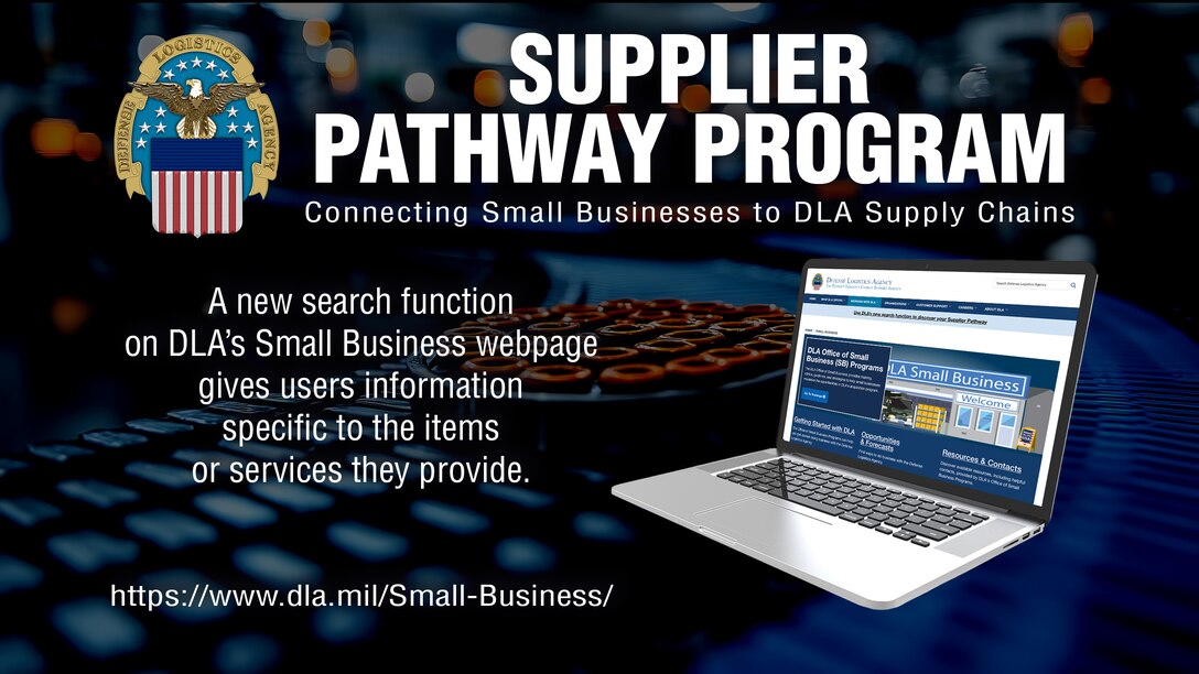 Graphic that shows DLA logo and a laptop computer with text