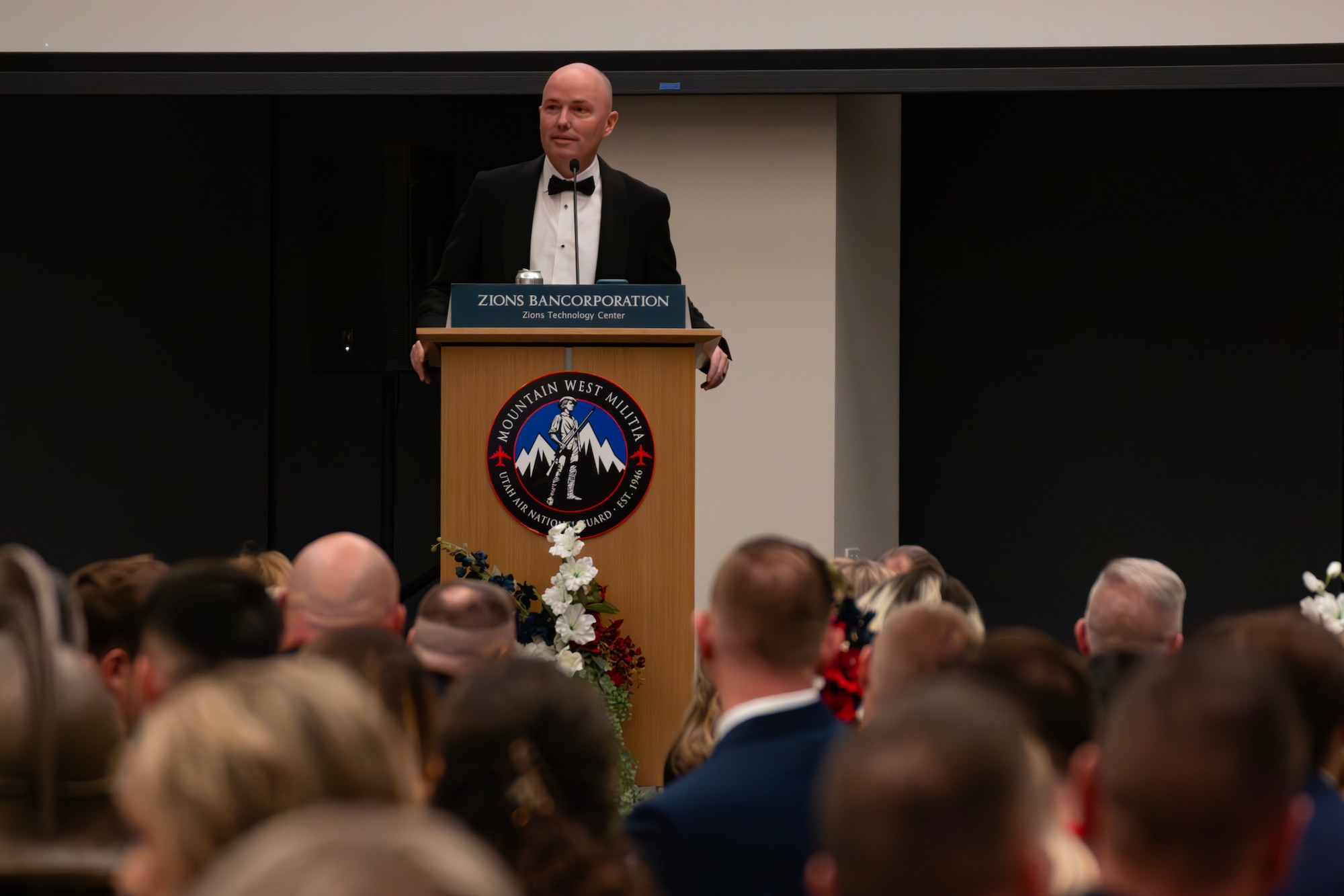 Utah Governor Spencer Cox addresses the crowd during the Utah Air National Guard Airmen of the Year banquet on Jan. 11, 2025, in Midvale Utah, honoring the exceptional service and dedication of the Utah Air National Guard Airmen.