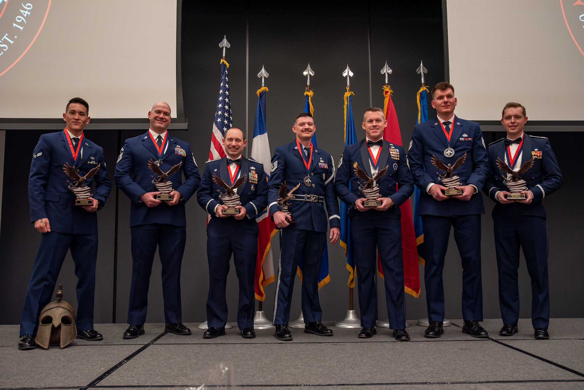 Winners of the 2024 Utah Air National Guard Airmen of the Year awards pose for a group photo following the award banquet held Jan. 11, 2025, in Midvale Utah. The Utah Air National Guard Airman, Non-Commissioned Officer, Senior Non-Commissioned Officer, and First Sergeant winners will compete nationally with the opportunity to compete at the National Guard and Air Force Level to be one of the Air Force's twelve Outstanding Airmen of the Year.