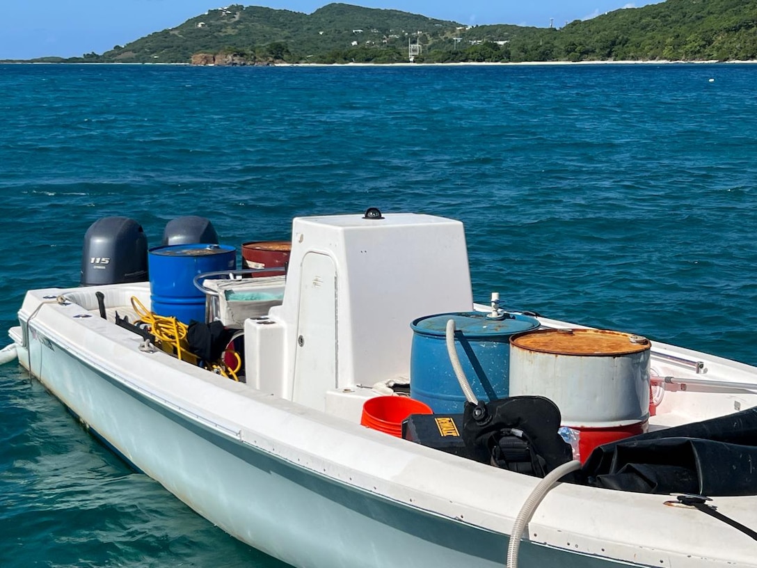 A contracted vessel conducting fuel removal operations for the aground motor yacht Runaway off Culebra, Puerto Rico, Jan. 10, 2025.  Approximately 160 gallons of petroleum products were removed from the fuel tanks and the vessel’s engine. Coast Guard Incident Management Division personnel from Sector San Juan are monitoring vessel removal efforts by the owner, after the vessel ran aground on a reef in waters west of Ensenada Honda in Culebra, Puerto Rico, Dec. 30, 2024. (Courtesy photo)