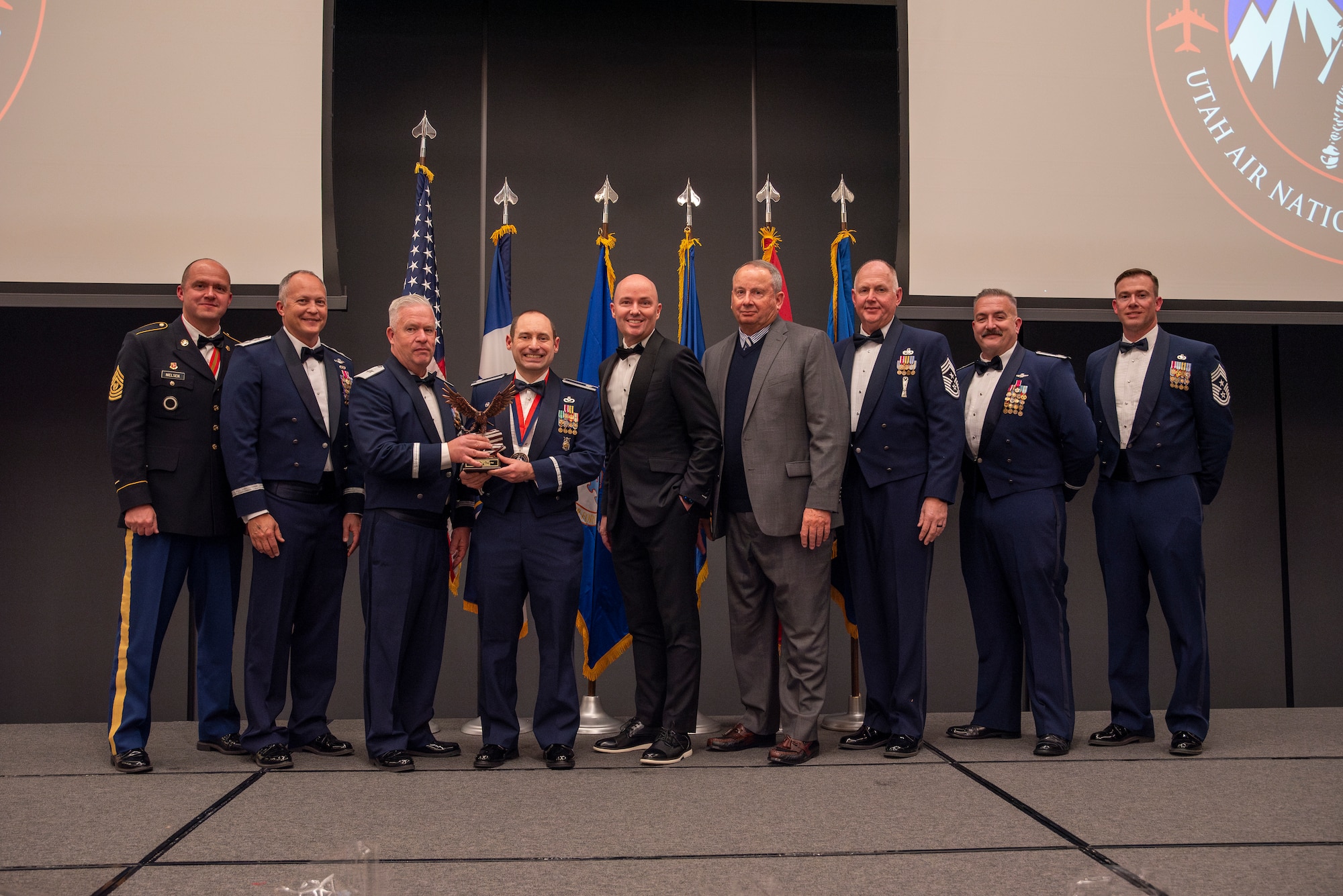 The Outstanding Field Grade Officer of the Year is presented to Lt. Col. Travis Johnson from the 151st Mission Support Group during the 2025 Airmen of the Year banquet on Jan. 11, 2025, in Midvale, Utah. The program honors Airmen who display superior leadership, job performance, and personal achievement.