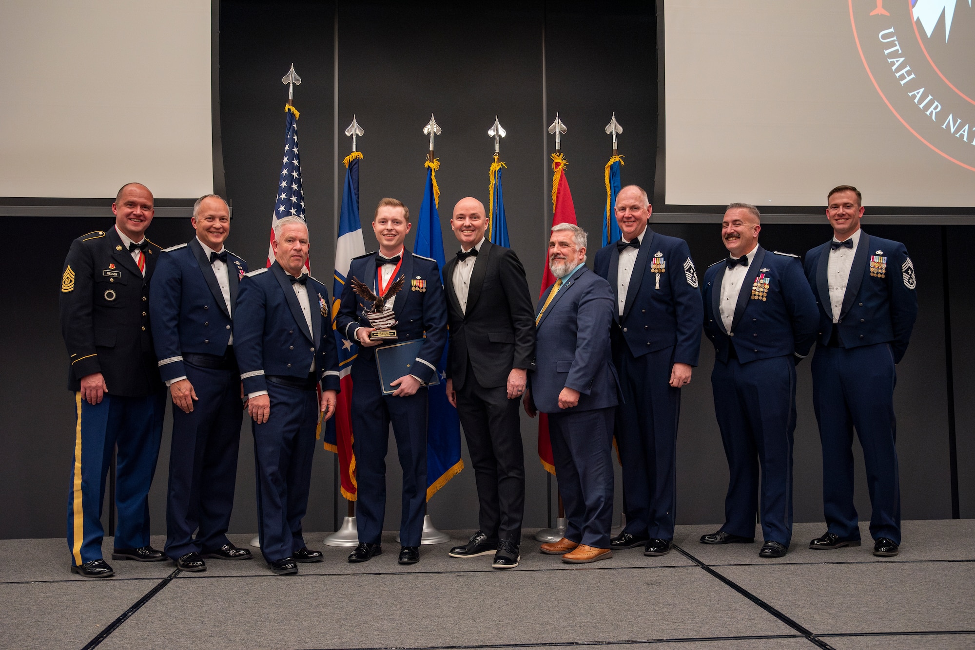 The Outstanding Company Grade Officer of the Year is presented to Capt. Joseph Moxon from the 151st Wing staff during the 2025 Airmen of the Year banquet on Jan. 11, 2025, in Midvale, Utah. The Airmen of the Year award program recognizes Airmen who display superior leadership, job performance, and personal achievement.