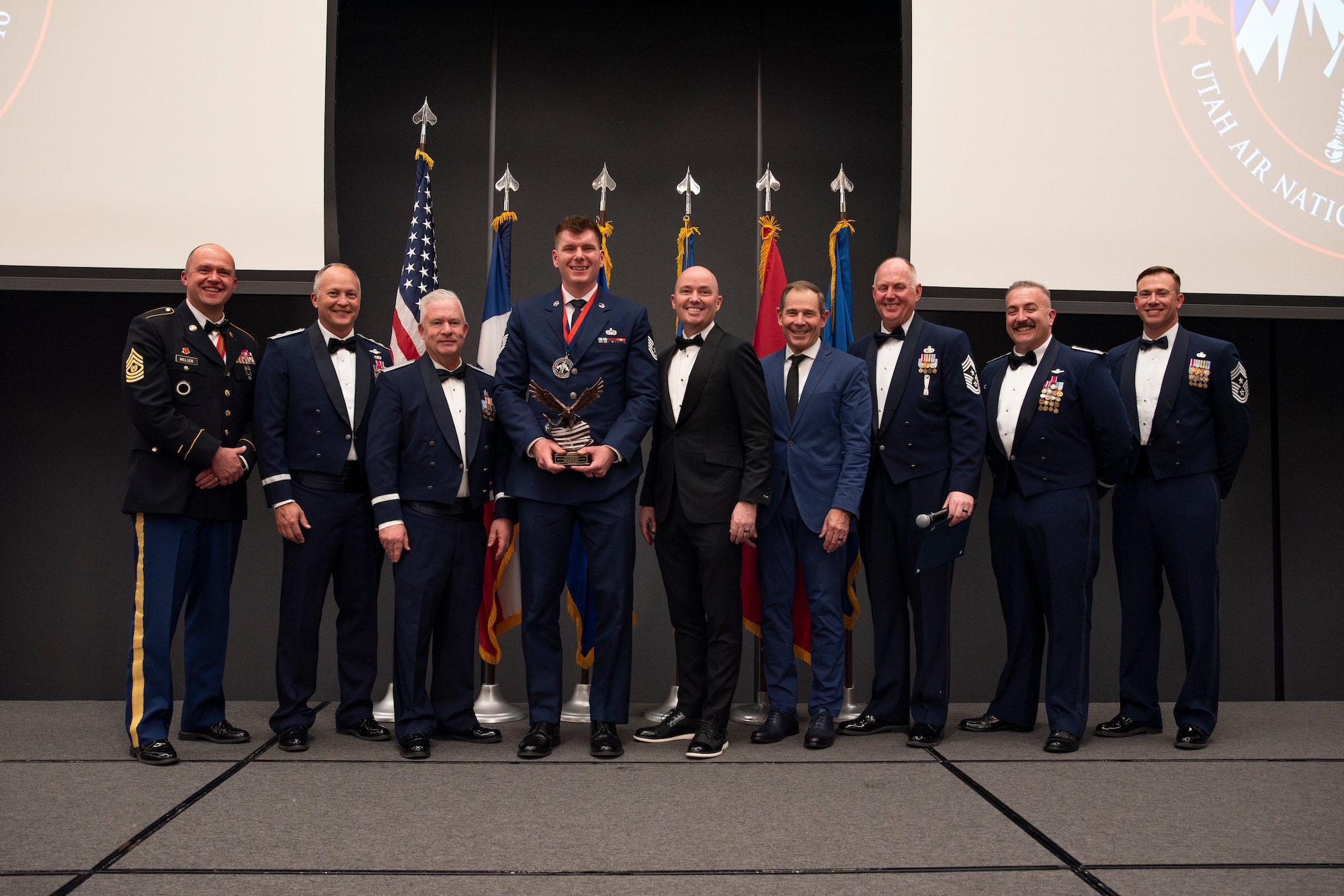The Outstanding Non-Commissioned Officer of the Year is awarded to Tech. Sgt. David Brereton from the 151st Intelligence, Surveillance and Reconnaissance group during the 2025 Airmen of the Year banquet on Jan. 11, 2025, in Midvale, Utah. The Airmen of the Year award program recognizes Airmen who display superior leadership, job performance, and personal achievement.