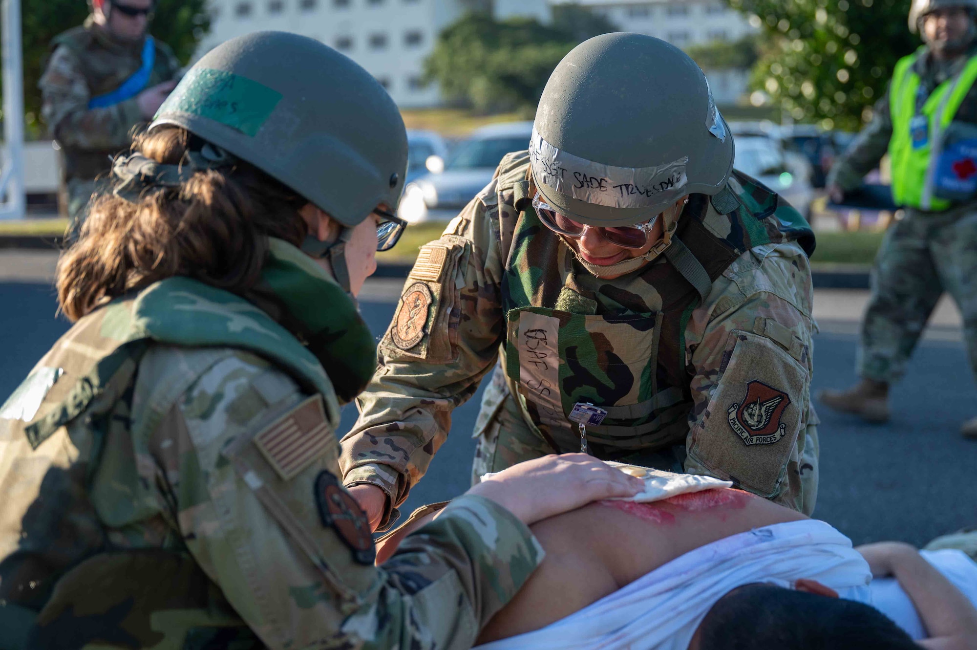 U.S. Air Force Airmen with the 18th Medical Group treat a simulated patient during a mass casualty scenario during a routine readiness exercise at Kadena Air Base, Japan, Jan. 14, 2025.