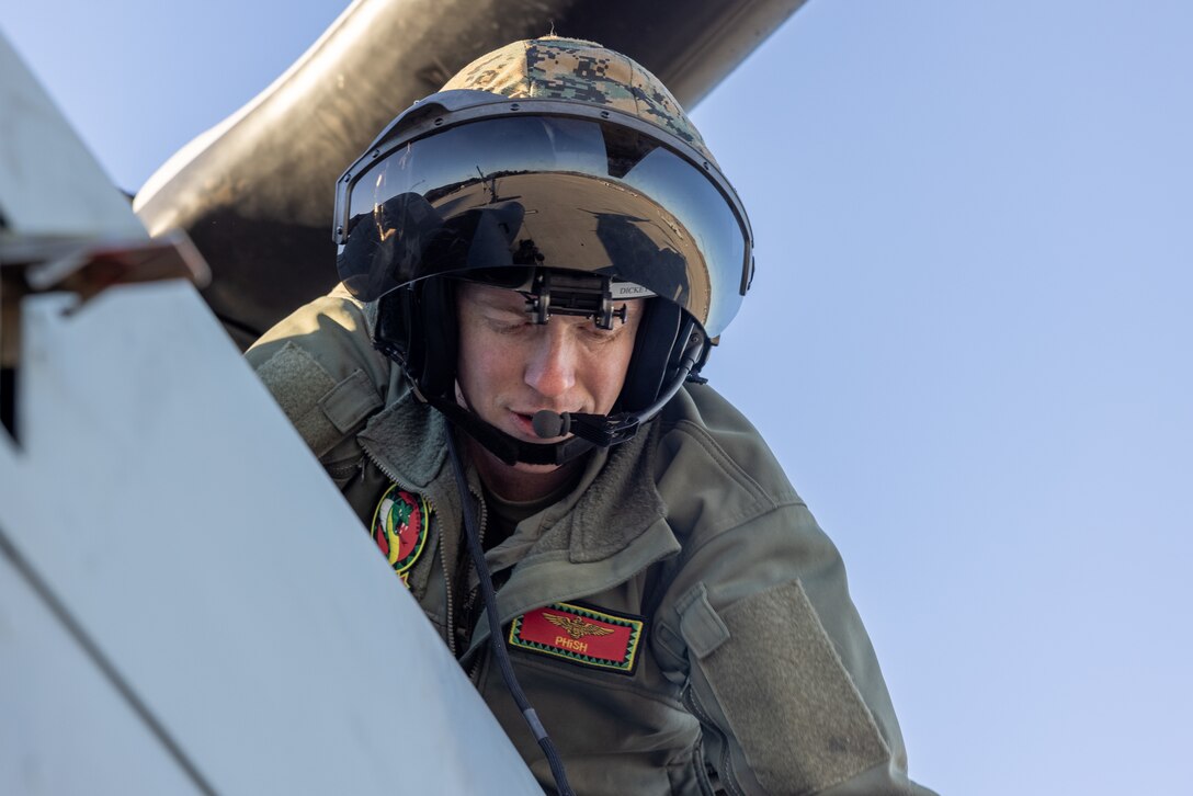 U.S. Marine Corps Capt. Brock Dickey, a UH-1Y Venom helicopter pilot with Marine Light Attack Helicopter Squadron (HMLA) 367, Marine Aircraft Group 39, 3rd Marine Aircraft Wing, conducts aircraft checks on a UH-1Y Venom at Marine Corps Air Station Camp Pendleton, California, Jan. 10, 2025. I Marine Expeditionary Force is posturing to provide a task-organized force of approximately 500 Marines with route clearance, commodity distribution, search and rescue, rotary-wing airlift, and general support capabilities if requested to respond to the wildfires in Southern California. As Marines, we remain ready and prepared to provide assistance if called upon to serve our community and nation. (U.S. Marine Corps photo by Lance Cpl. Jennifer Sanchez)