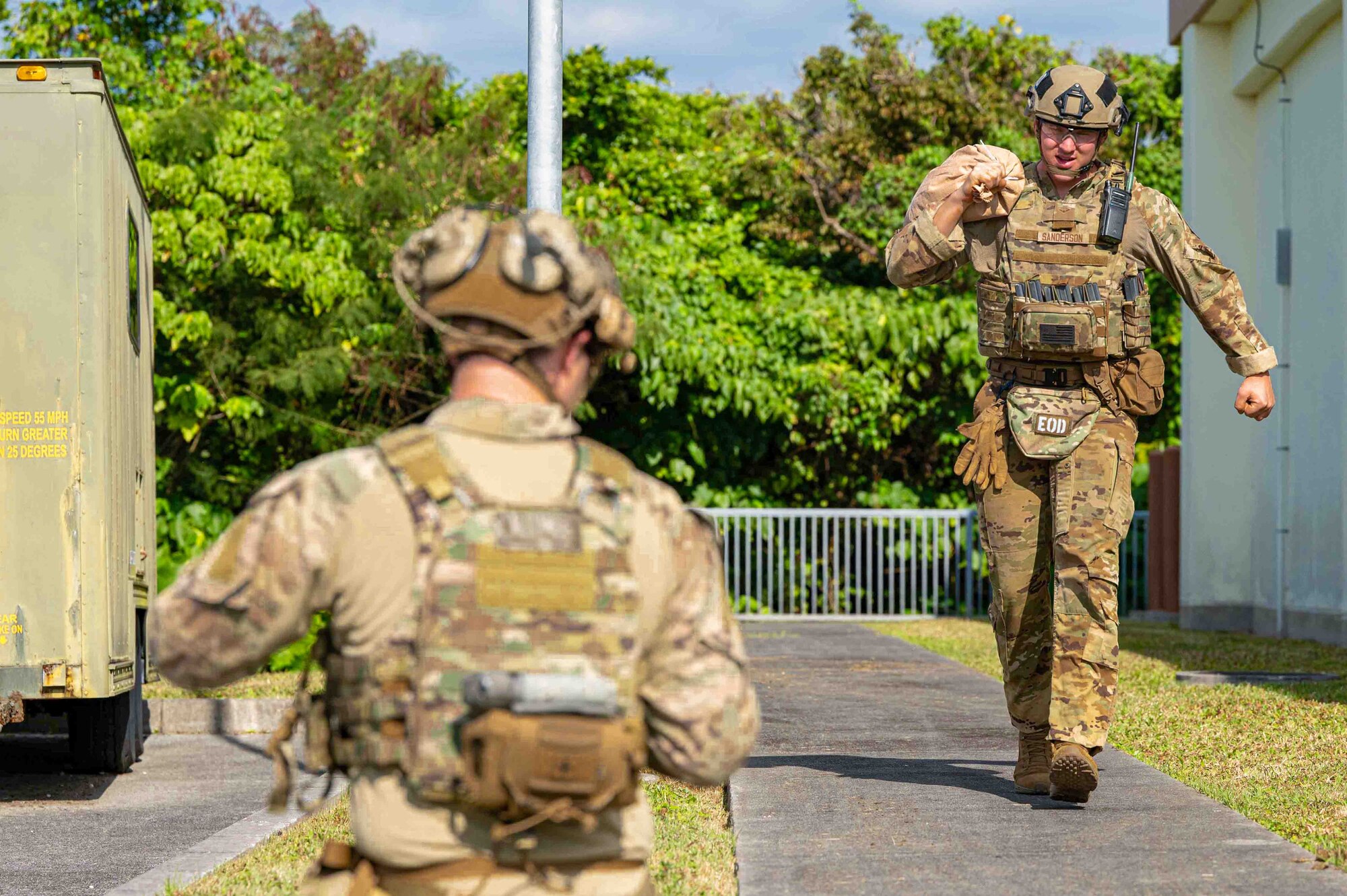 U.S. Air Force Airman 1st Class Jack Sanderson an Explosive Ordnance Disposal technician with the 18th Civil Engineer Squadron, conducts a test detonation preparation during an emergency rapid response exercise at Kadena Air Base, Japan, Jan. 14, 2025.