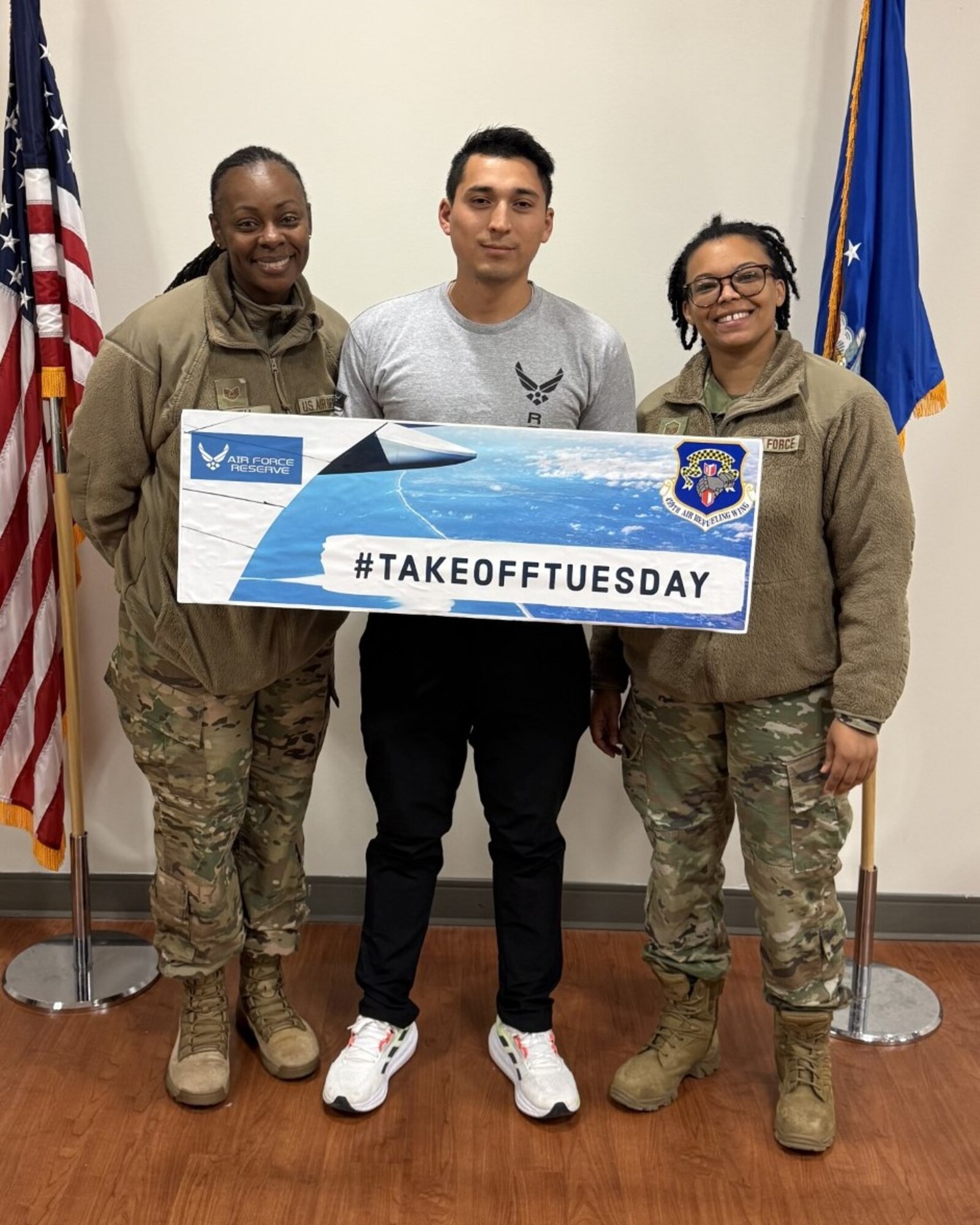 Taking off today for Air Force Basic Military Training is Jose Cruz Rodriguez! After completion of BMT and tech school, Jose will join the 459th Maintenance Squadron. Pictured with him are the 459th ARW Development and Training Flight Program Managers, Tech. Sgt. Ceru Smith and Master Sgt. Mia Carter. (Courtesy photo)