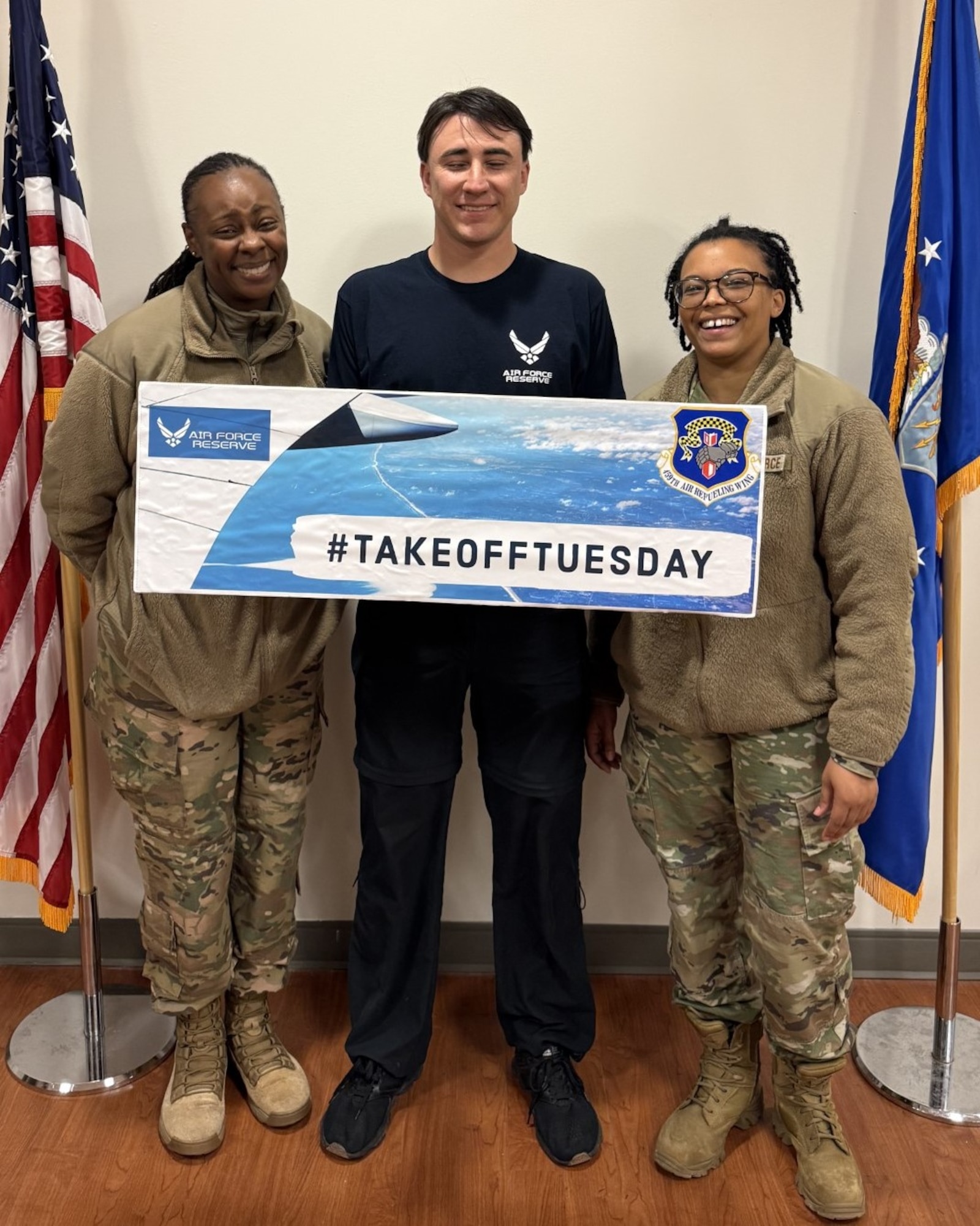 Taking off today for Air Force Basic Military Training is Austin Woods! After completion of BMT and tech school, Austin will join the 459th Maintenance Squadron. Pictured with him are the 459th ARW Development and Training Flight Program Managers, Tech. Sgt. Ceru Smith and Master Sgt. Mia Carter. (Courtesy photo)