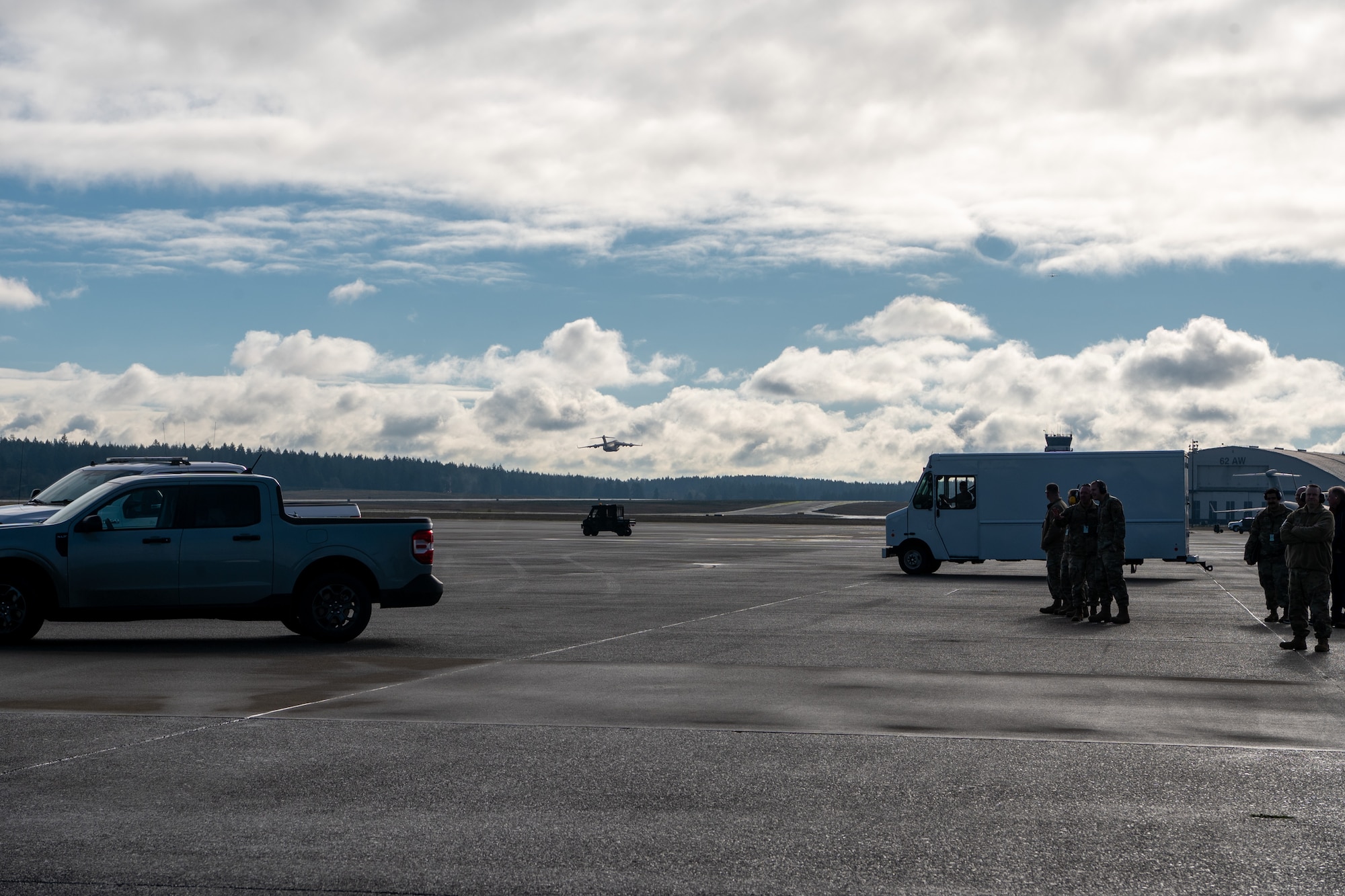 The 62d Airlift Wing executes a nine-ship C-17 Globemaster III formation from Joint Base Lewis-McChord, Wash., Jan. 8, 2025. The exercise demonstrated the wing's rapid global mobility capabilities, including precise airdrop operations and synchronized departures, highlighting the readiness and skill of aircrew and maintainers in supporting U.S. and allied missions worldwide.