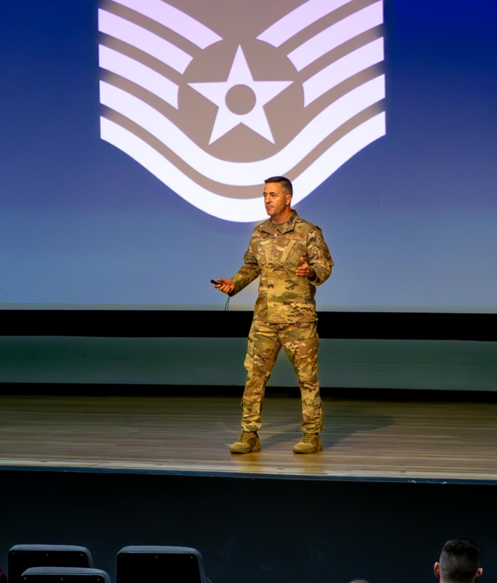 Chief Master Sgt. Justin Stoltzfus, 412th Test Wing command chief master sergeant, addresses Airmen during the Back-in-the-Saddle Day, Jan. 6. (Air Force photo by Todd Schannuth)
