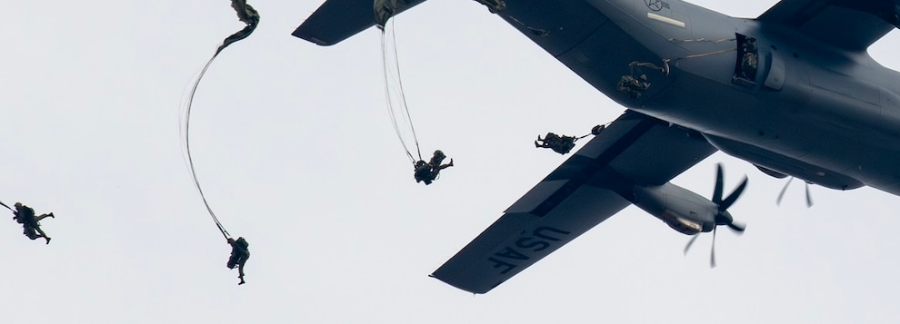 Japan Ground Self-Defense paratroopers assigned to the 1st Airborne Brigade jump out of a U.S. Air Force C-130J Super Hercules assigned to the 36th Airlift Squadron during New Year’s Jump in Indo-Pacific 25, Jan. 12, 2025.