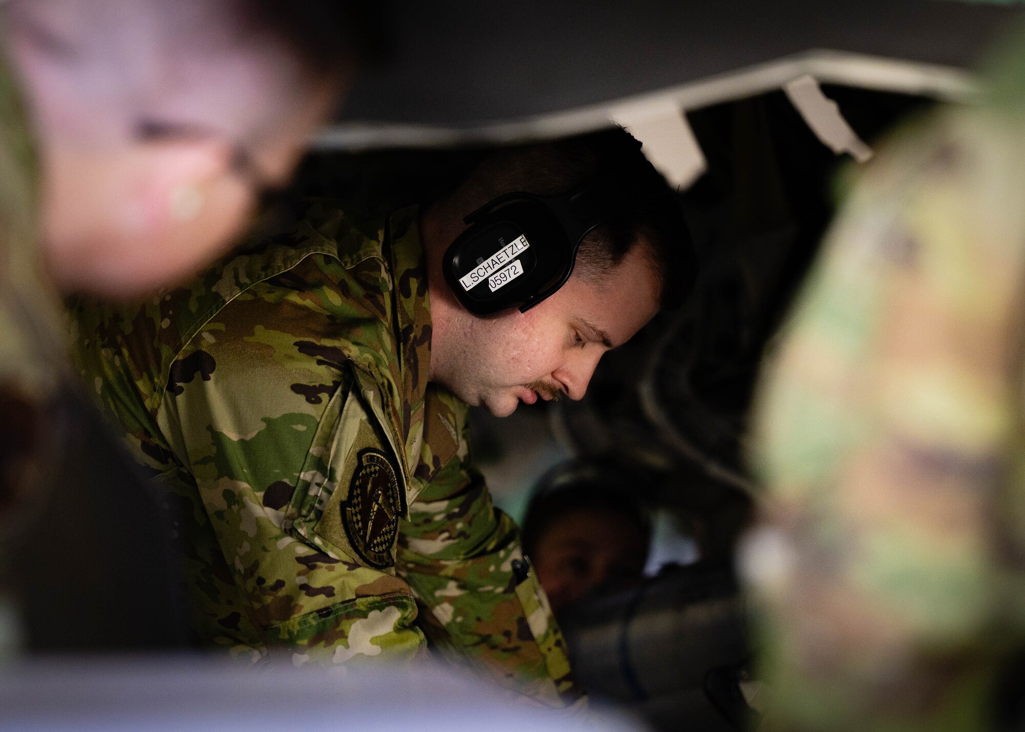 U.S. Air Force Staff Sgt. Luke Schaetzle, 308th Aircraft Maintenance Unit weapons team chief, tends to a U.S. Air Force F-35 Lightning II.