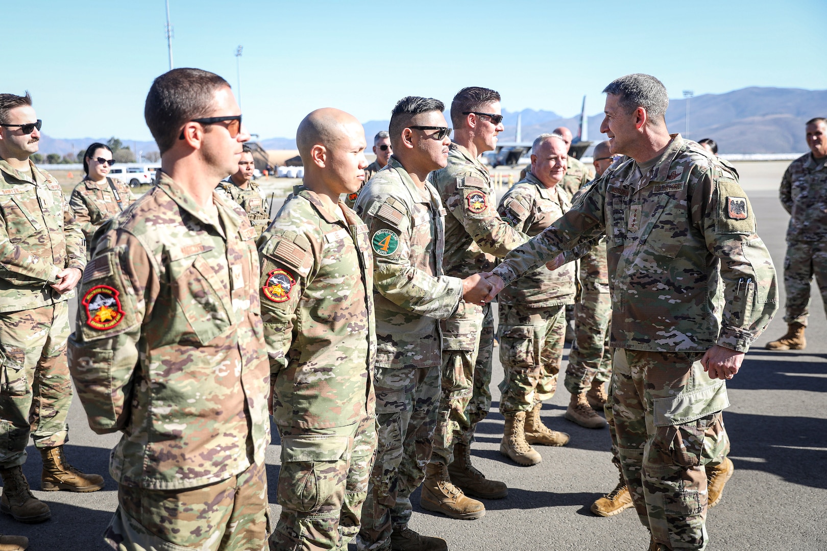 Air Force Gen. Steve Nordhaus, chief, National Guard Bureau, and Army Senior Enlisted Advisor John Raines, SEA to the CNGB, visit National Guard members supporting wildland firefighting in Southern California, Channel Islands Air National Guard Station, Calif., Jan. 11, 2025. Thousands of National Guardsmen are involved in multiple air and ground firefighting in the Los Angeles Basin and Southern California.