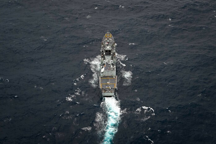 His Majesty’s Canadian Ship Ottawa sails in international waters during flight operations with Griffin, the ship’s embarked CH-148 helicopter during exercise Noble Wolverine in the South China Sea on 11 January 2025. Photo Credit: Sailor 3rd Class Jacob Saunders, Canadian Armed Forces Photo.