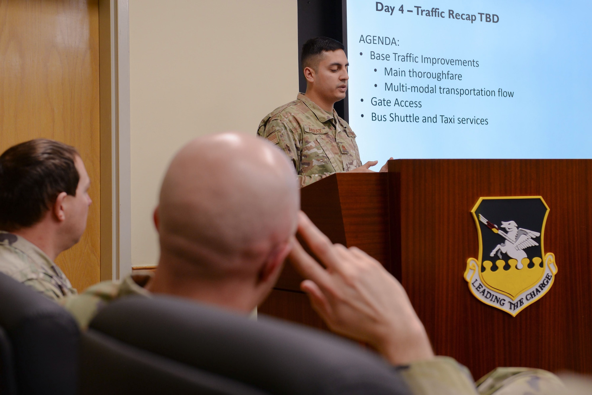 U.S. Air Force Maj. Pablo Andrade, 51st Civil Engineer Squadron flight commander, delivers a briefing during the Osan Planning Charrette at Osan Air Base, Republic of Korea, Jan. 10, 2025. After collecting data from key stakeholders across base, leaders of the 51st CES shared their findings and the recommended changes to infrastructure on the installation. The goal is to build an installation development plan that equips the most forward deployed permanently based wing in the Air Force with the future mission. (U.S. Air Force photo by Staff. Sgt. Kahdija Slaughter)
