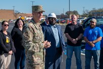 U.S. Air Force Col. Ryan A.F. Crowley, commander of Joint Base Anacostia-Bolling and the 11th Wing, addresses the team responsible for the construction of the parking lots on JBAB, Washington, D.C., Oct. 31 2024. The team elevated the lot, planted trees, and added retention ponds for better drainage to overcome unforeseen obstacles. (U.S. Air Force photo by Staff Sgt. Jordan Powell)