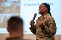 U.S. Air Force Chaplain (Lt. Col.) Meoshia Wilson, 11th Wing Senior Chaplain, speaks to the town hall attendees on Joint Base Anacostia-Bolling, Washington, D.C., Nov. 21, 2024. Wilson’s subject matter focused on how the chaplaincy could better serve spiritual needs on base. (U.S. Air Force photo by Staff Sgt. Jordan Powell)