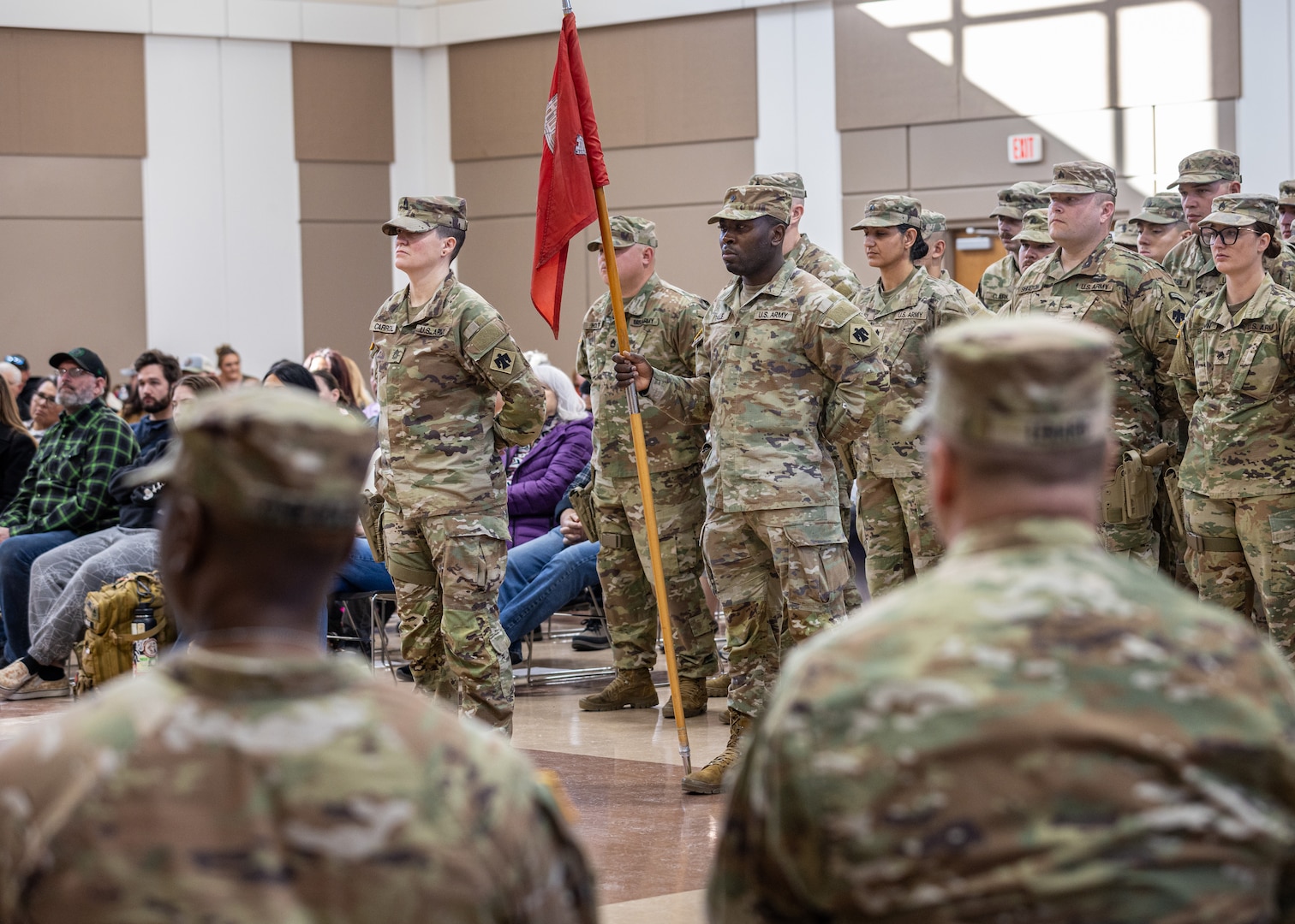 Soldiers assigned to the 1120th Engineer Utilities Detachment, 90th Troop Command, Oklahoma Army National Guard, stand in formation during their farewell ceremony at the Muskogee Readiness Center in Muskogee, Oklahoma, Jan. 13, 2025. Approximately 50 Soldiers will deploy overseas to support U.S. Africa Command in engineering and utilities projects across the Horn of Africa.