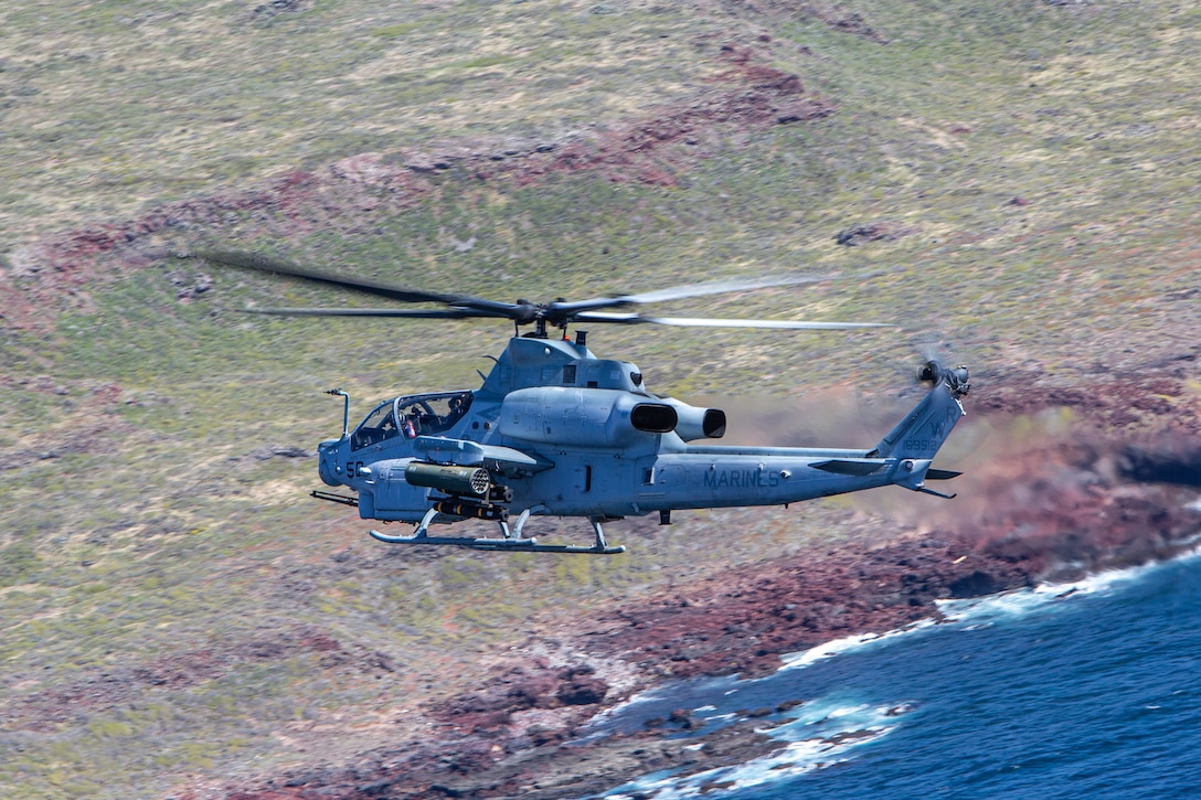 An AH-1Z Viper aircraft assigned to Marine Light Attack Helicopter Squadron 775 (HMLA-775) maneuvers while providing close-air support at the San Clemente Island Range Complex, March 8, 2023.